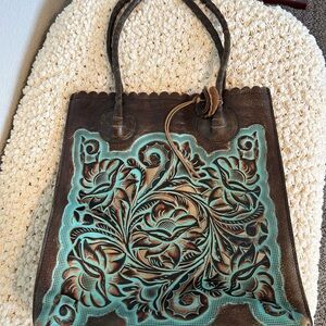 Brown and Turquoise Floral Tote Bag